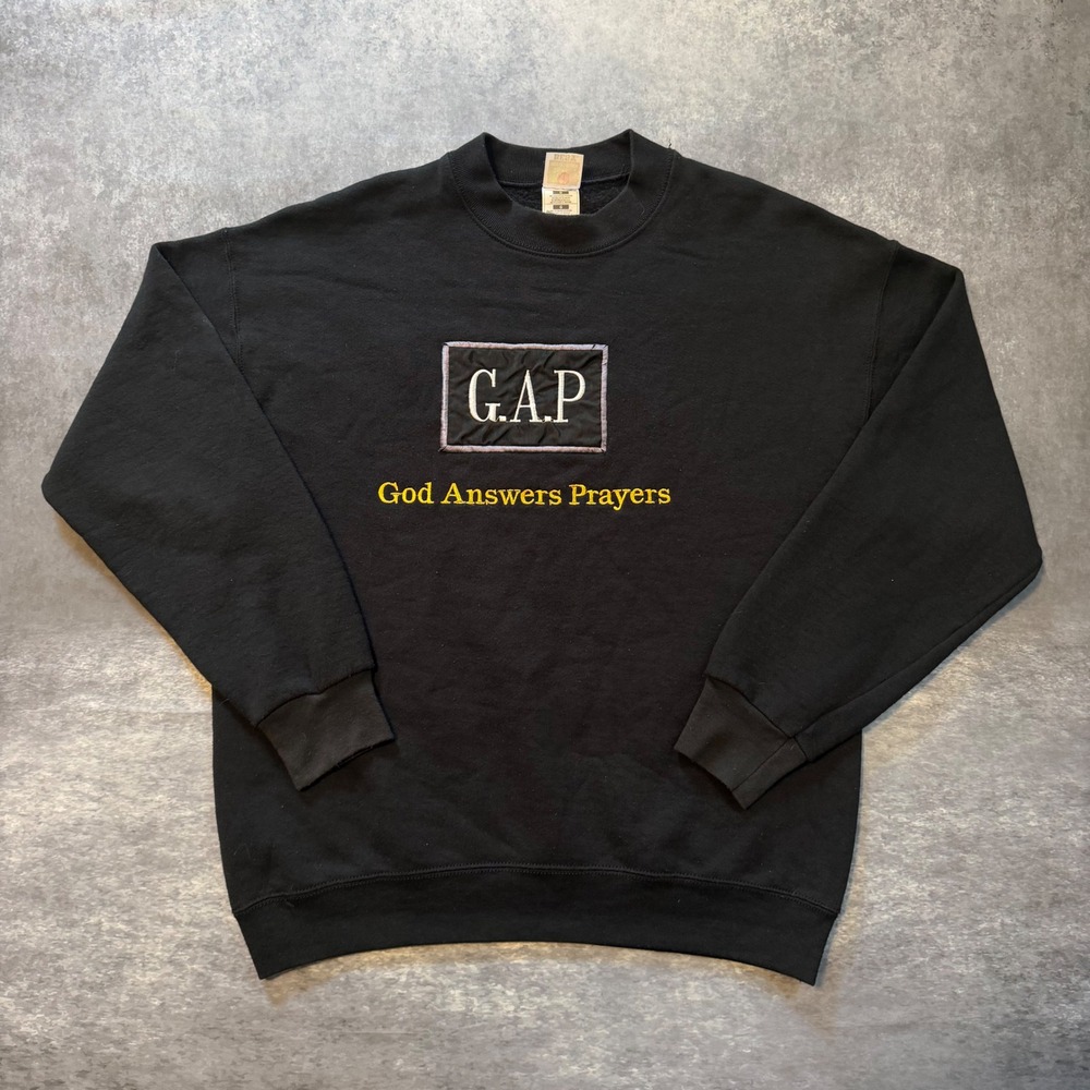 Vintage 90s GAP God Answers Prayers Sweatshirt Mens L Black Fruit of the Loom